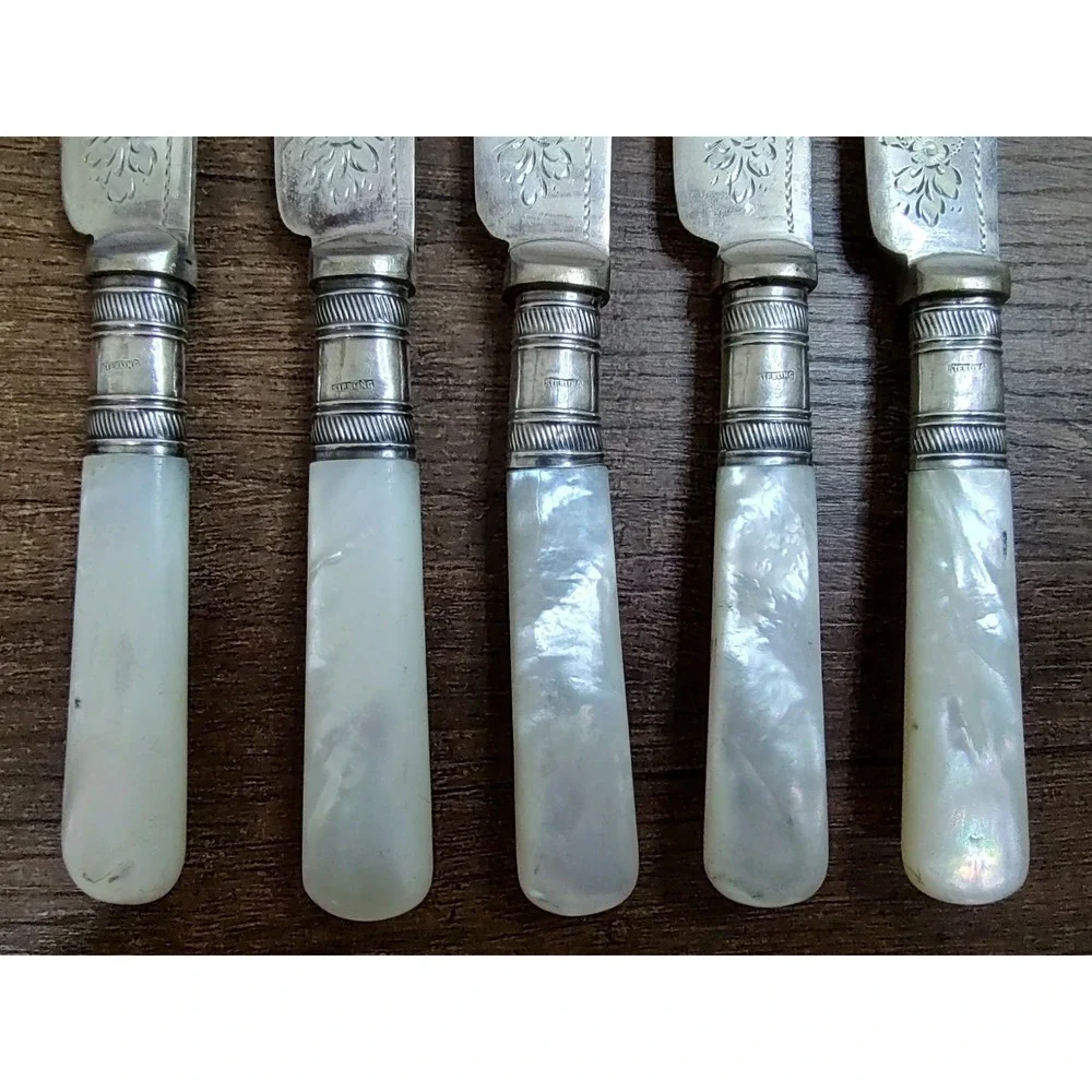Antique Sheffield EPNS Butter Knives Set of 5 Sterling Ferrules Mother of Pearl